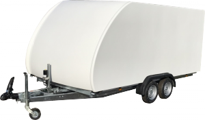 White enclosed vehicle trailer in front of a transparent background