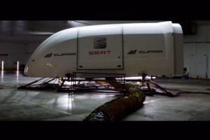 White enclosed trailer used as a simulator with the SEAT logo on the side