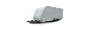 White enclosed vehicle trailer in front of a transparent background