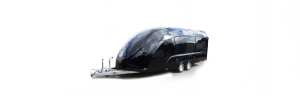 Black enclosed vehicle trailer in front of a transparent background