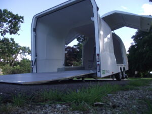 Velocitu IQ - enclosed trailer for race cars - doors and tail gate open