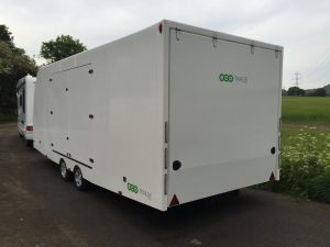 rear three quarter shot of a large white enclosed vehicle trailer attached to a campervan