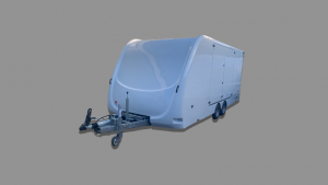 CAD mock-up of a white enclosed trailer on a grey background