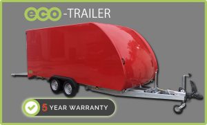 Red enclosed trailer in front of a grey background with the eco trailer logo and a 5 year warranty badge