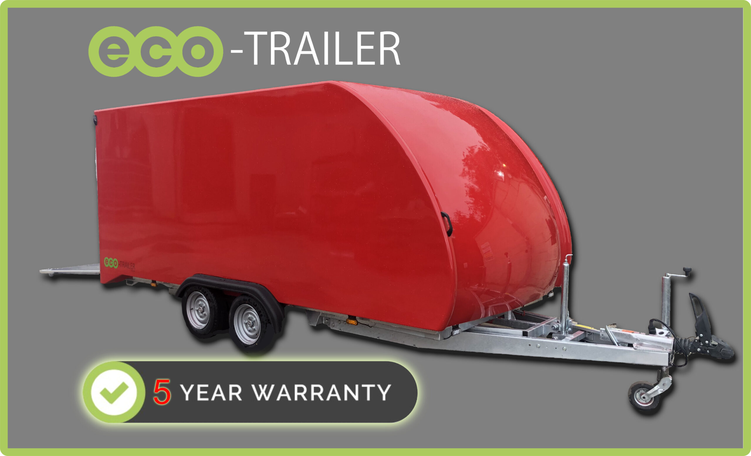 Red enclosed trailer in front of a grey background with the eco trailer logo and a 5 year warranty badge