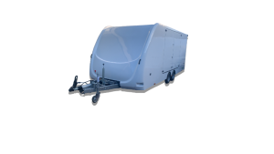 CAD mock-up of a white enclosed trailer on a grey background