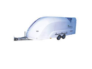 White enclosed vehicle trailer with a union jack and text on