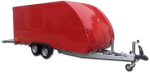 Red enclosed trailer with the rear hatch down