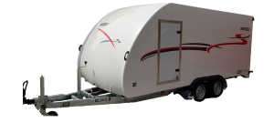 White enclosed trailer with red and black decals