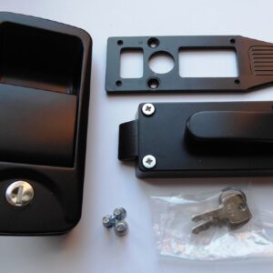Black door handle and lock with mechanism laid out next to it